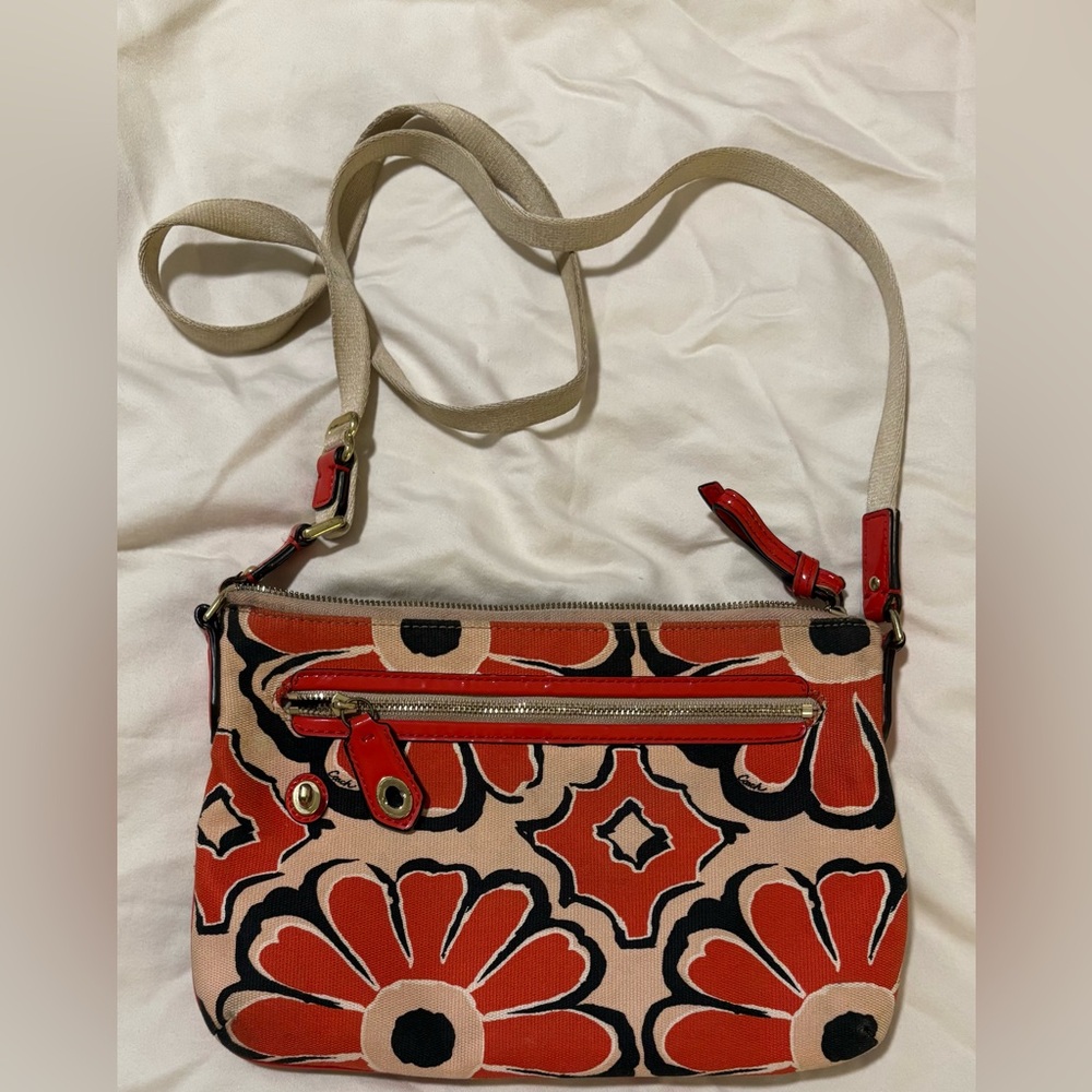 Coach Red and Tan Floral Crossbody Bag